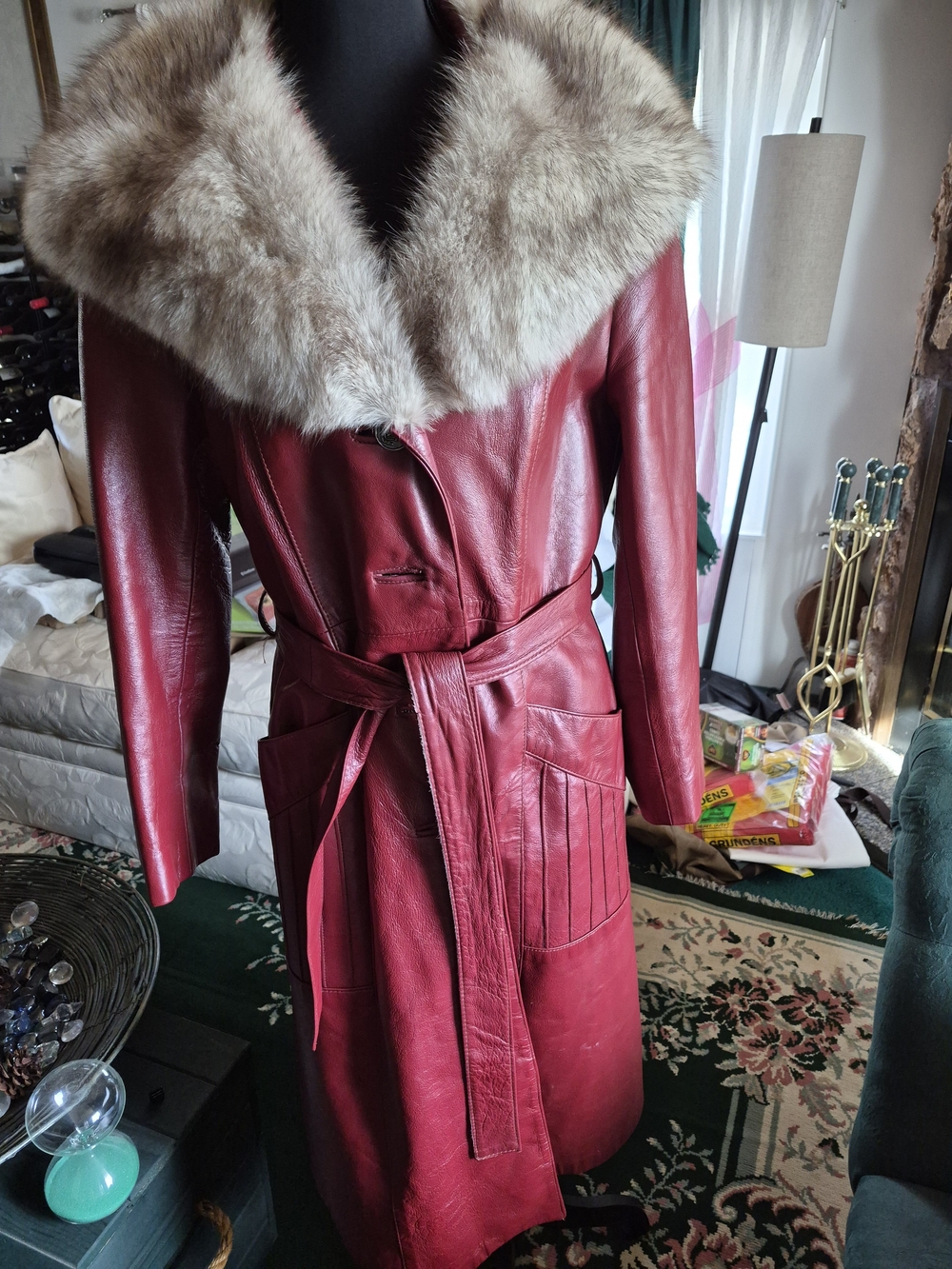 Women's Red Leather Coat with Fur Collar